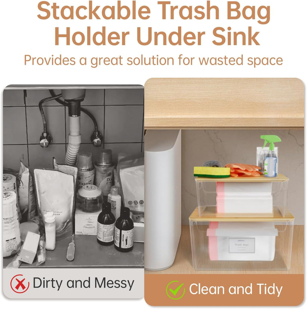 2 Pack Stackable Plastic Trash Bag Holder with Bamboo Lid Under Sink