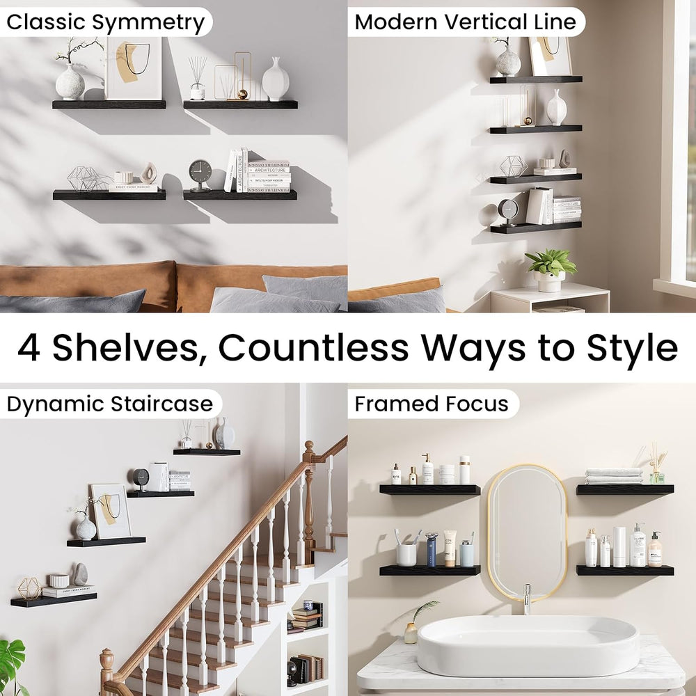 BAYKA Black Floating Shelves 15.7in, Set of 4, Wall Mount Rustic Wood Shelf
