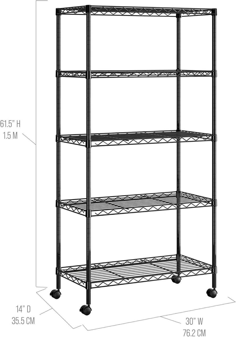 5-Tier Steel Wire Shelving, 30" W x 14" D x 61.5" H, Black