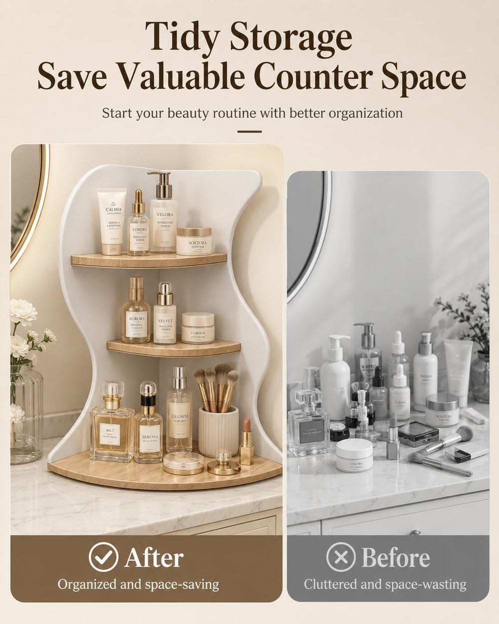 Makeup Organizer Corner Shelf, 3 Tier Vanity Rack, Space Saving Stand