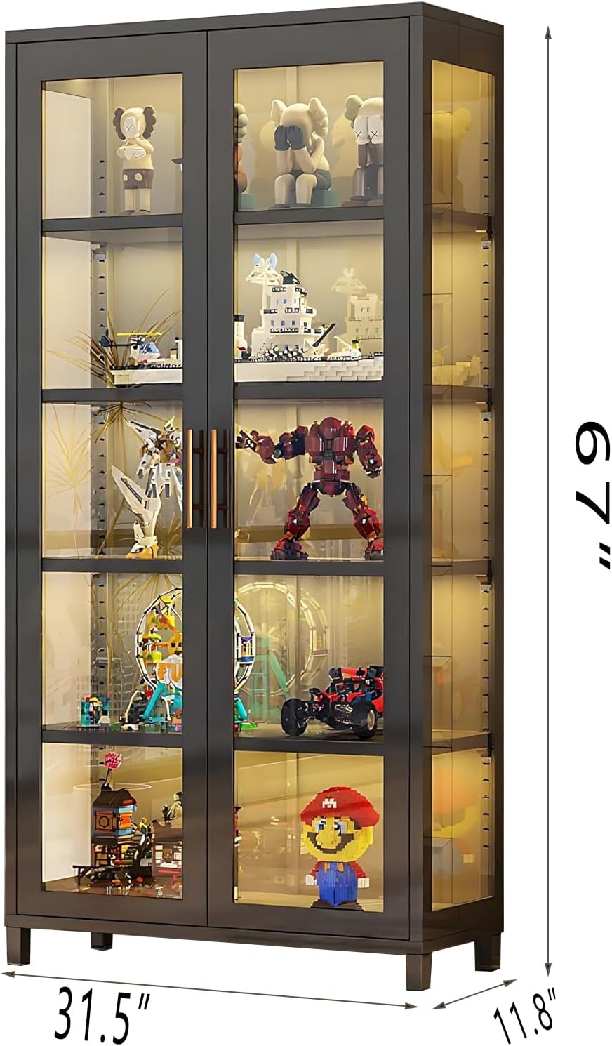 Display Cabinet with Glass Doors, 5-Tier Curio Cabinet, Glass Display Case fo...