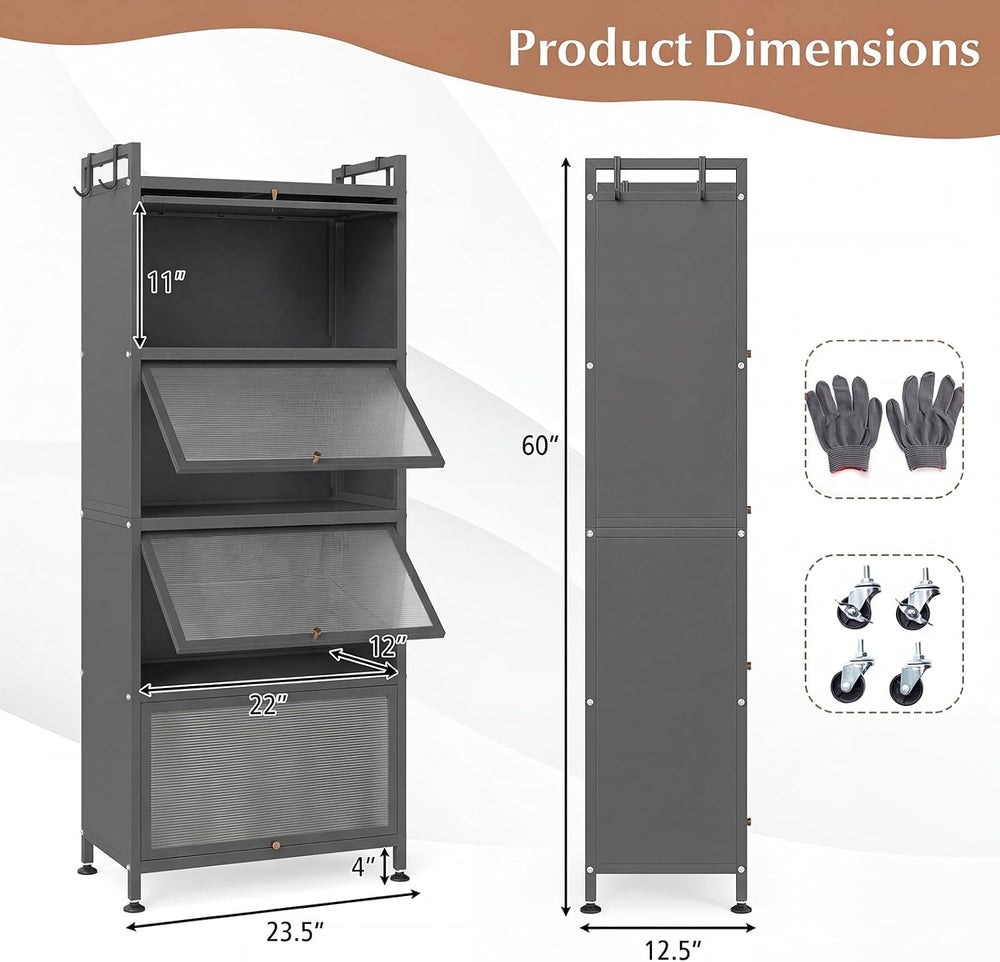 GIANTEX 5-Tier Kitchen Storage Cabinet, 4 PC Doors, Rolling Wheels, Grey