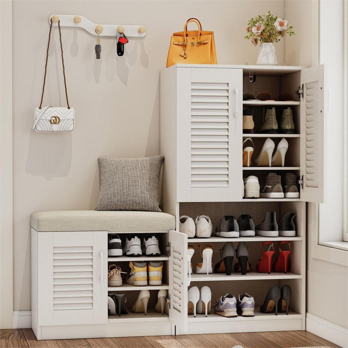 Spaco Shoe Cabinet with Storage Bench Set for Entryway,7-Tier Shoe Storage Cabinet and 3-Tier Cushioned Shoe Bench with Louvered Door,Freestanding Shoe Rack Organizer for Hallway(White) (White)