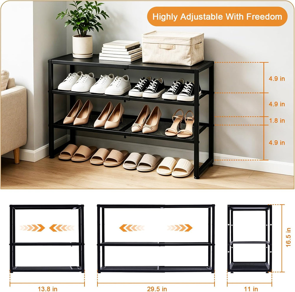 Expandable Shoe Rack,3 Tier Adjustable Metal Shoe Shelf for Closet, Sturdy Fr...