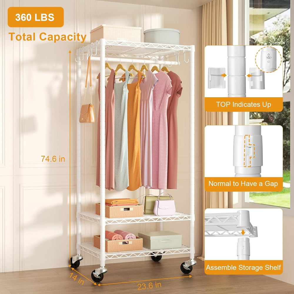 FUTASSI Rolling Clothes Rack, Clothing Racks for Hanging Clothes, White