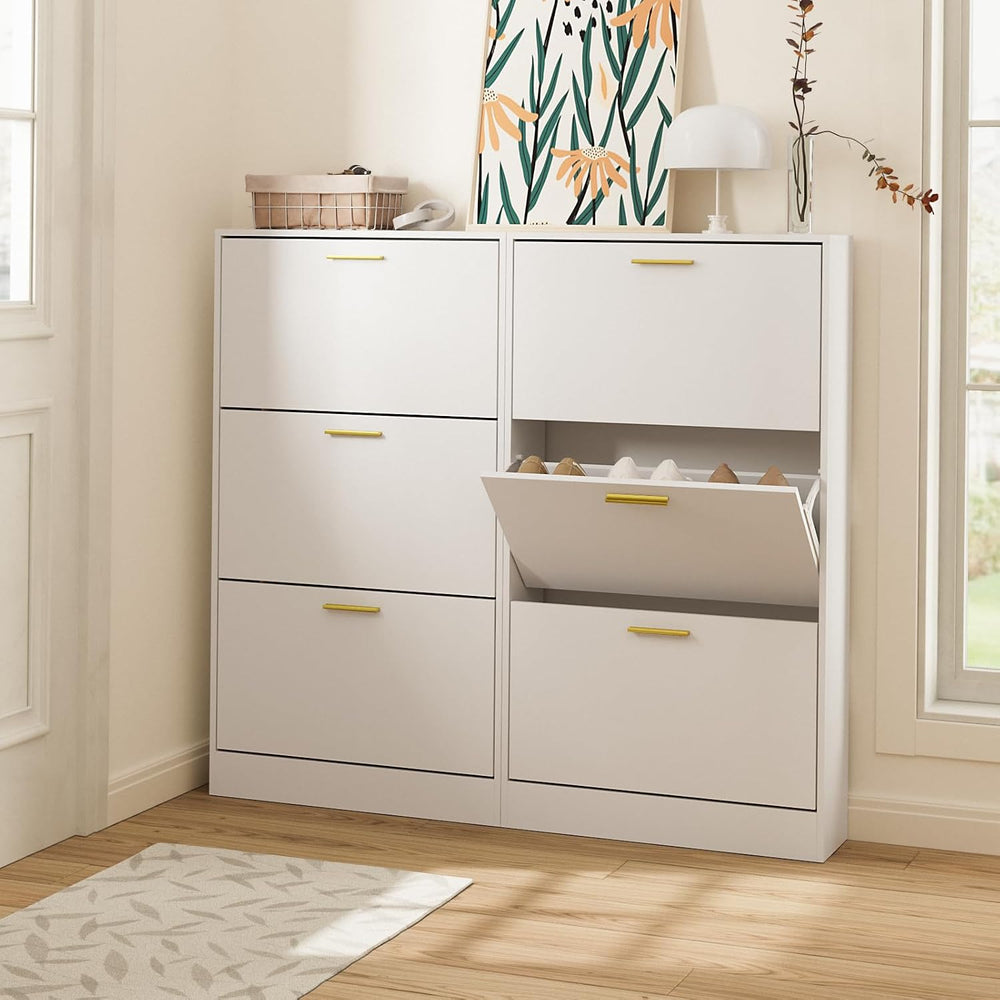 LYNSOM Modern Entryway Shoe Cabinet with 3 Flip Drawers and Top Display, Whit...