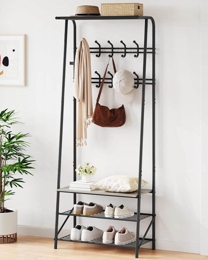 GarveeHome Coat Rack, Hall Tree with Bench and Shoe Storage, Entryway Bench with Coat Rack, 8 Hooks and 3 Tier Shoe Storage, Metal Frame for Entryway, Hallway, Front Door, Grey