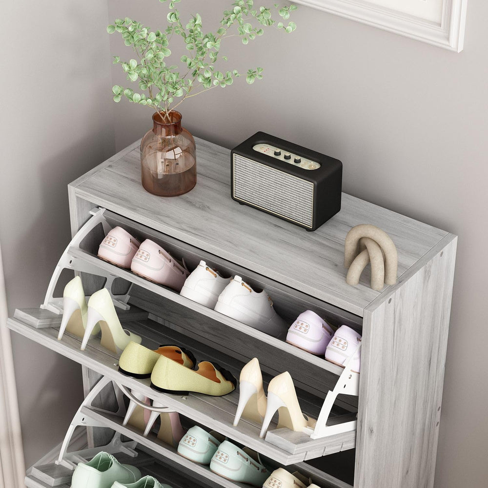 Small Shoe Cabinet with 2 Flip Drawers, Louver Surface, Grey