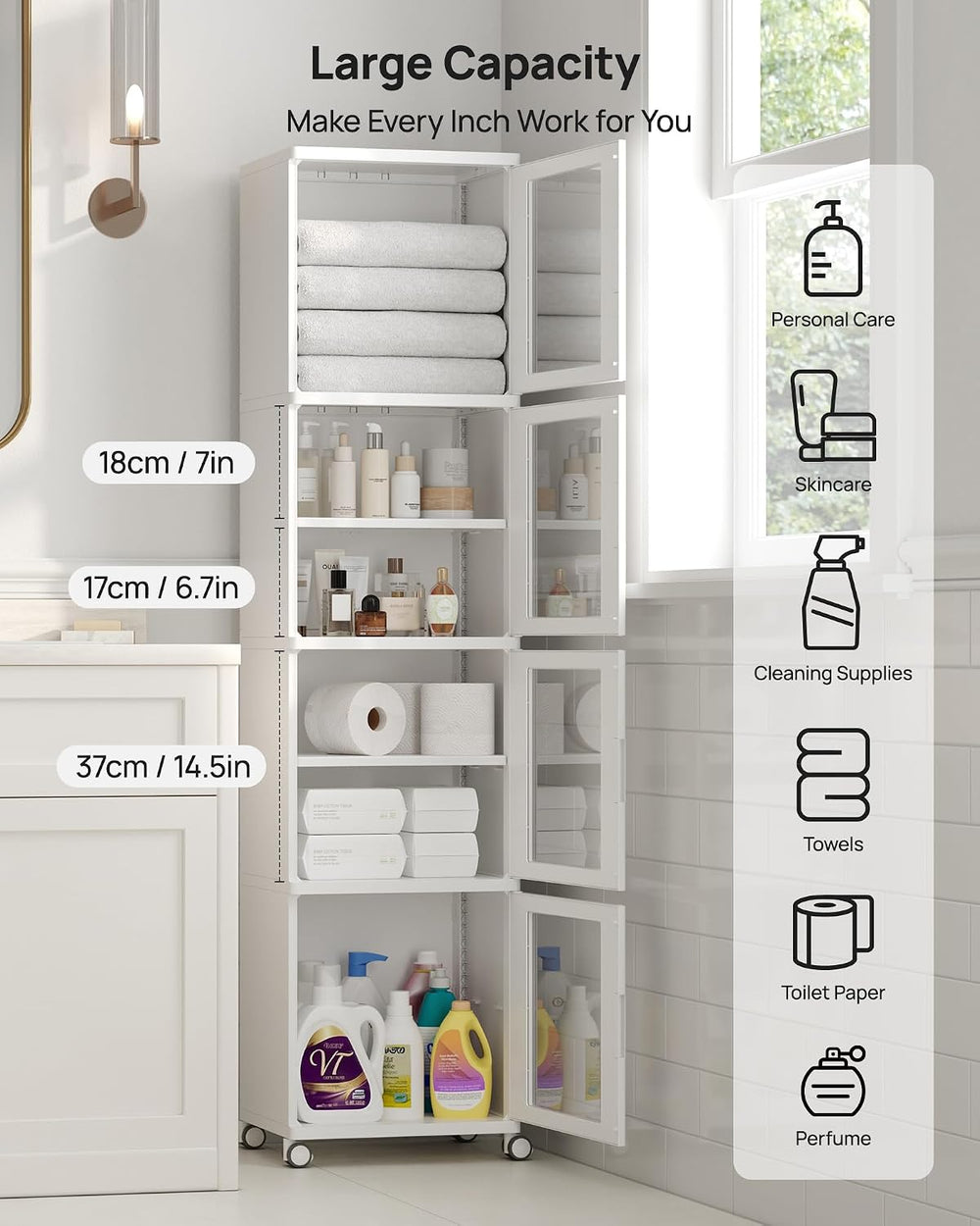 Vtopmart 63.2”H x 15.2“W Waterproof Bathroom Storage Cabinet for Tiny Space