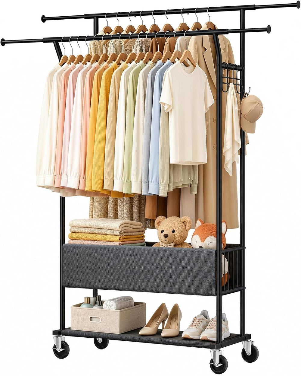 Heavy Duty Rolling Clothing Rack, Double Rod Clothing Storage Organizer