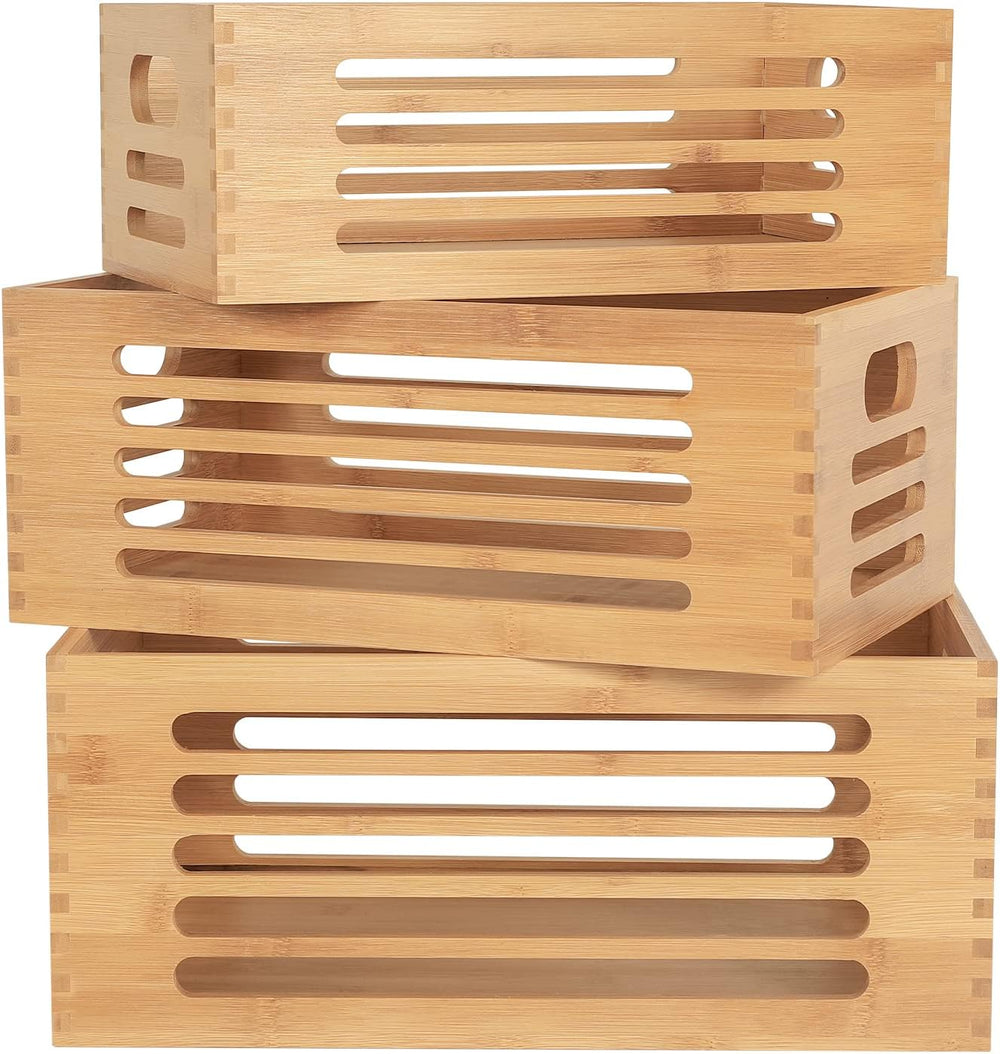 ANMINY Wood Storage Bins Crates, Nesting 3PCS, Mortise-Tenon