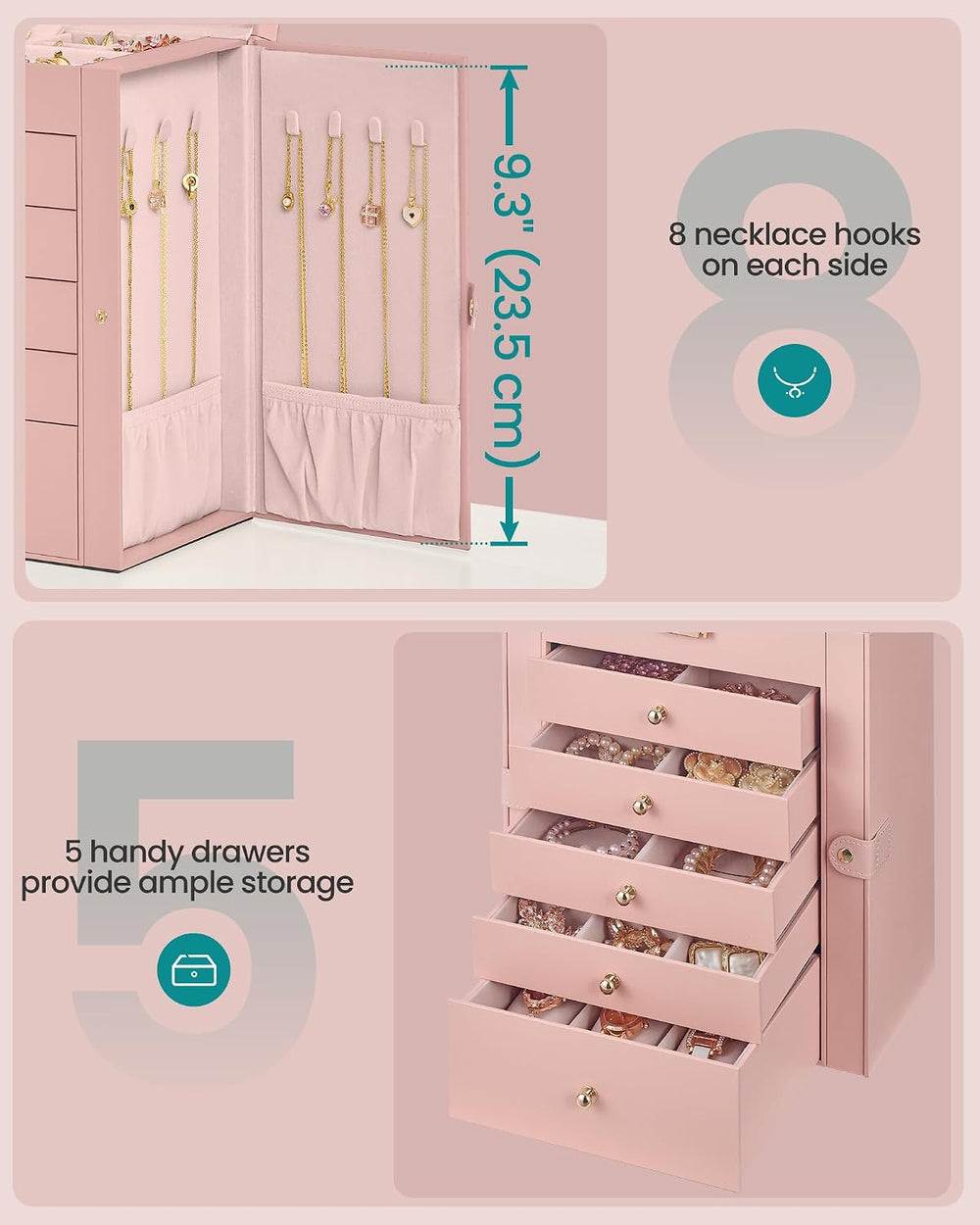 SONGMICS 6-Layer Jewelry Box Organizer with 5 Drawers, Lock and Mirror