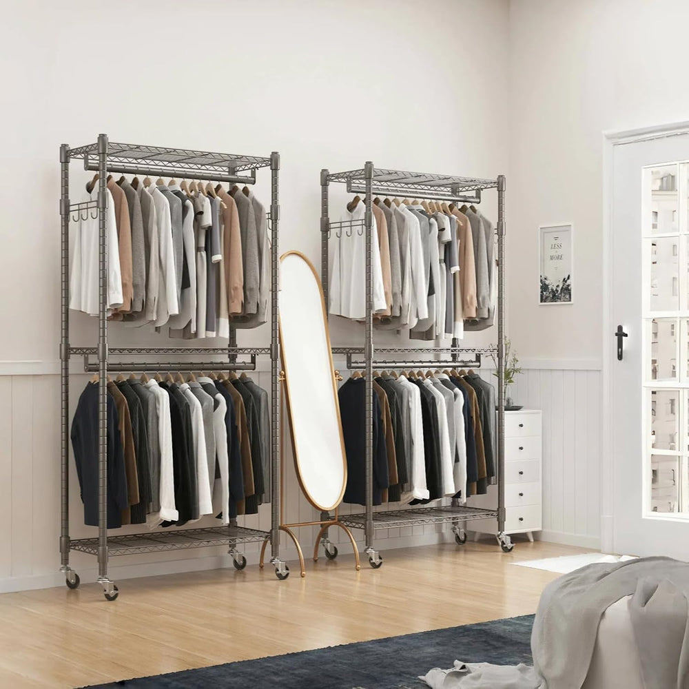 BATHWA Clothes Rack Rolling Narrow 2 tier Garment Rack for Hanging Clothes， S...