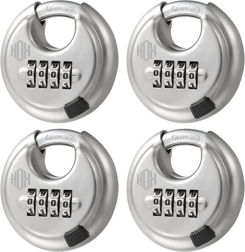 HOX 4-Digit Combination Disc Padlock, Hardened Steel Shackle (4 Pack)