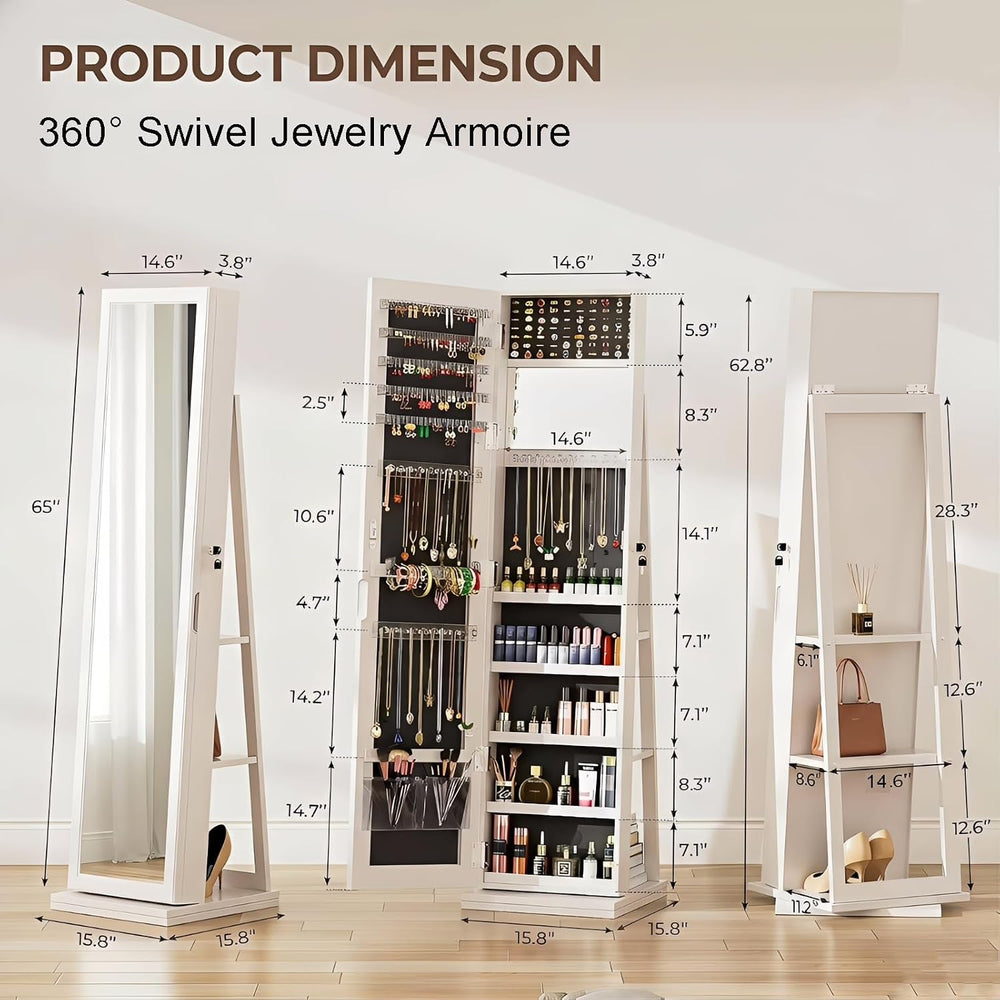 360° Swivel Jewelry Armoire with Full-Length Mirror, Lockable Standing Jewelr...