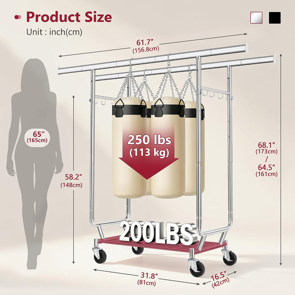 Tajsoon Clothes Rack Double Rod Clothing Rack with Wheels Load 450 LBS