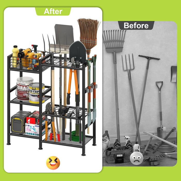 Garden Tool Organizer with Basket, 3-Tier Yard Storage Rack for Garage