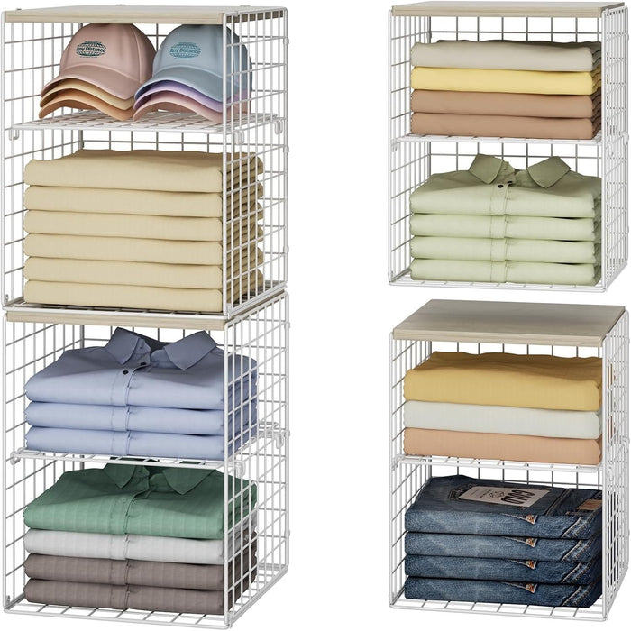 Hencawima 4 Pack Stackable Closet Organizers and Storage, Clothing Storage Shelves with Adjustable Dividers & Wood Top, Space-Saving Closet Organizer System, White