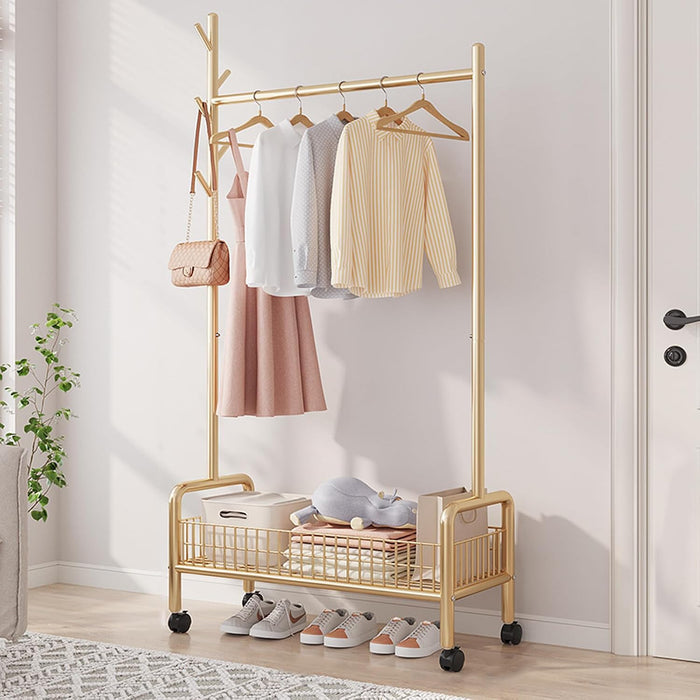 MYUPDALIN Rolling Metal Clothes Rack with Shelves & Storage Basket, Gold