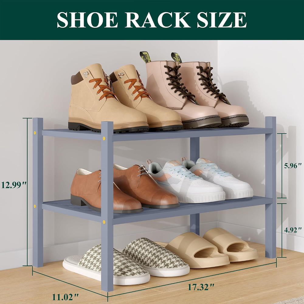 Smiry Bamboo Shoe Rack, 5 Horizontal Slats, 2 Tier - 17.3" Wide, Grey