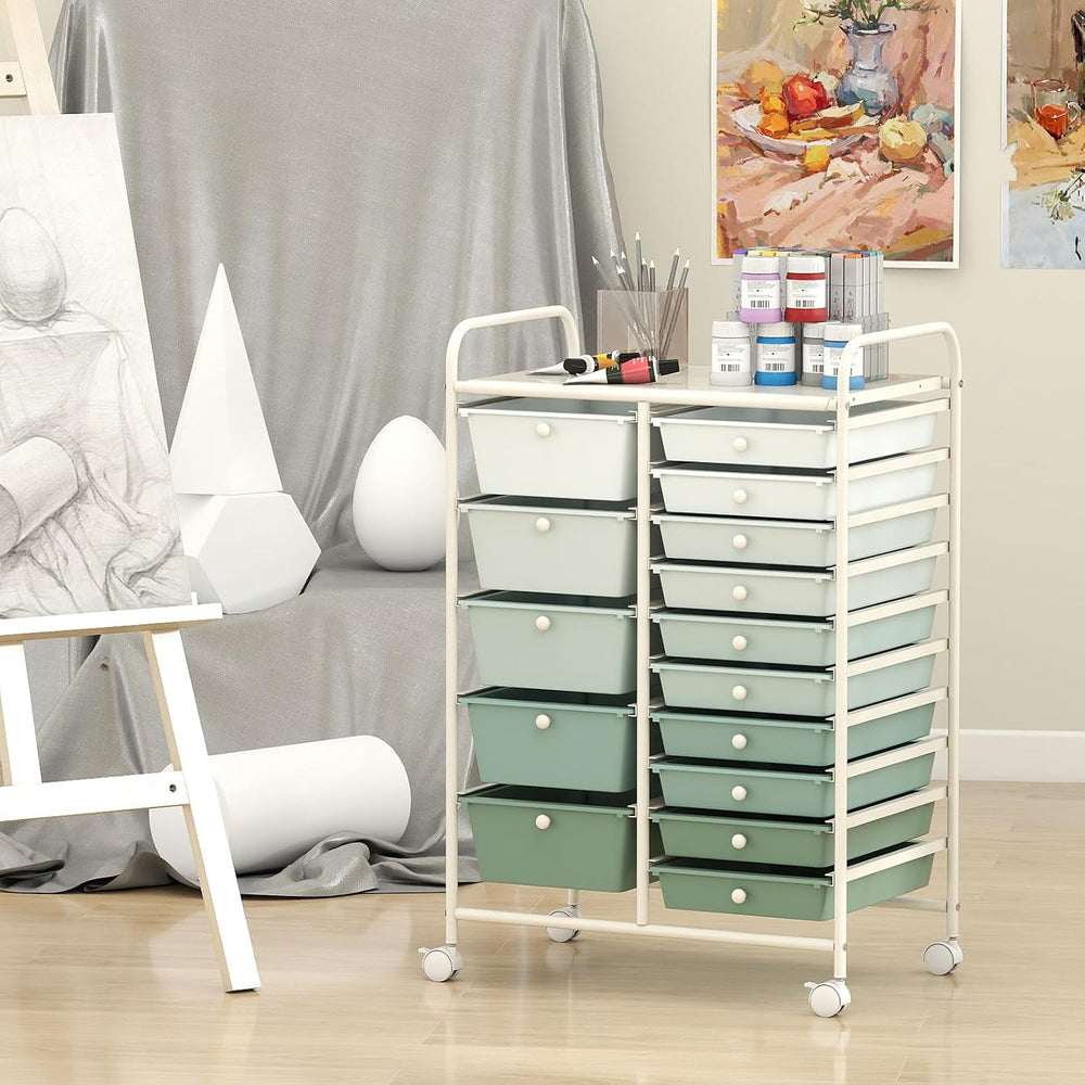 LDAILY 15 Drawer Rolling Storage Cart, Rolling Cart with Drawers for Classroo...
