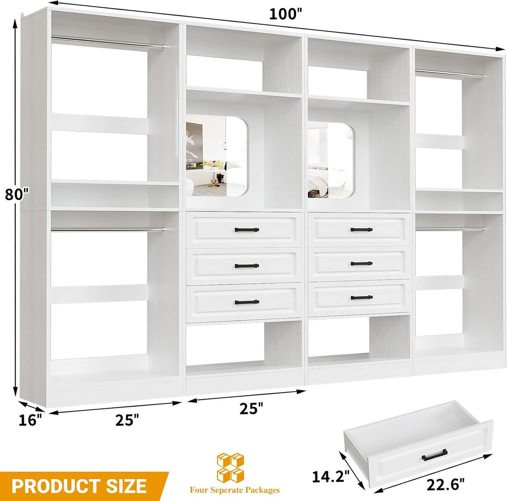 Unikito Closet System, 100" Closet Organizer with Drawers & Mirrors,...
