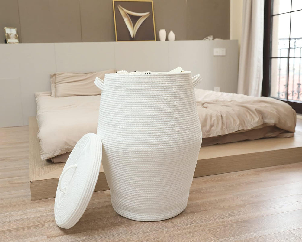 26"x20" Extra Large Tall Woven Laundry Basket with Lid, Cotton Rope...
