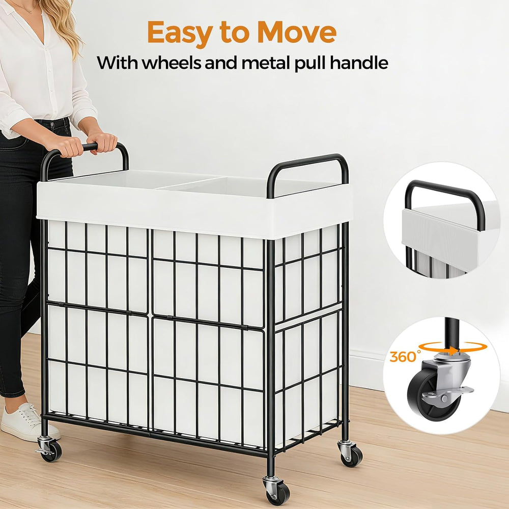 100L 2-Section Laundry Hamper with Wheels, Laundry Basket with Liner Bag