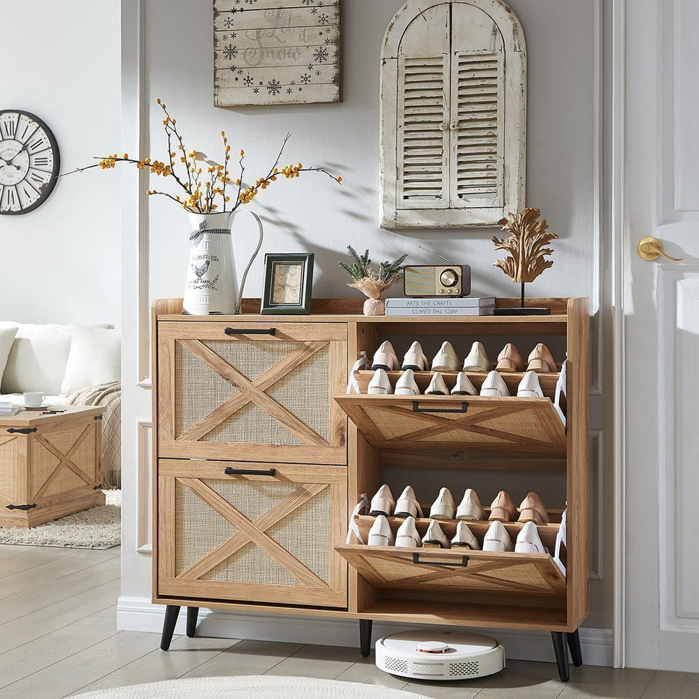 Barnyatoh Farmhouse Shoe Storage Cabinet,Shoe Organizer with 4 Flip Drawers