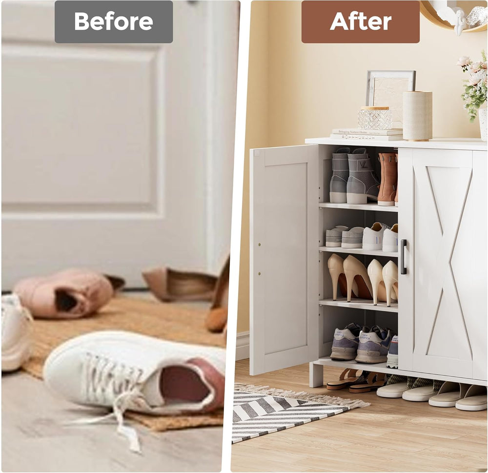 Homleke Farmhouse Shoe Cabinet with 2 Barn Doors & Wood Legs