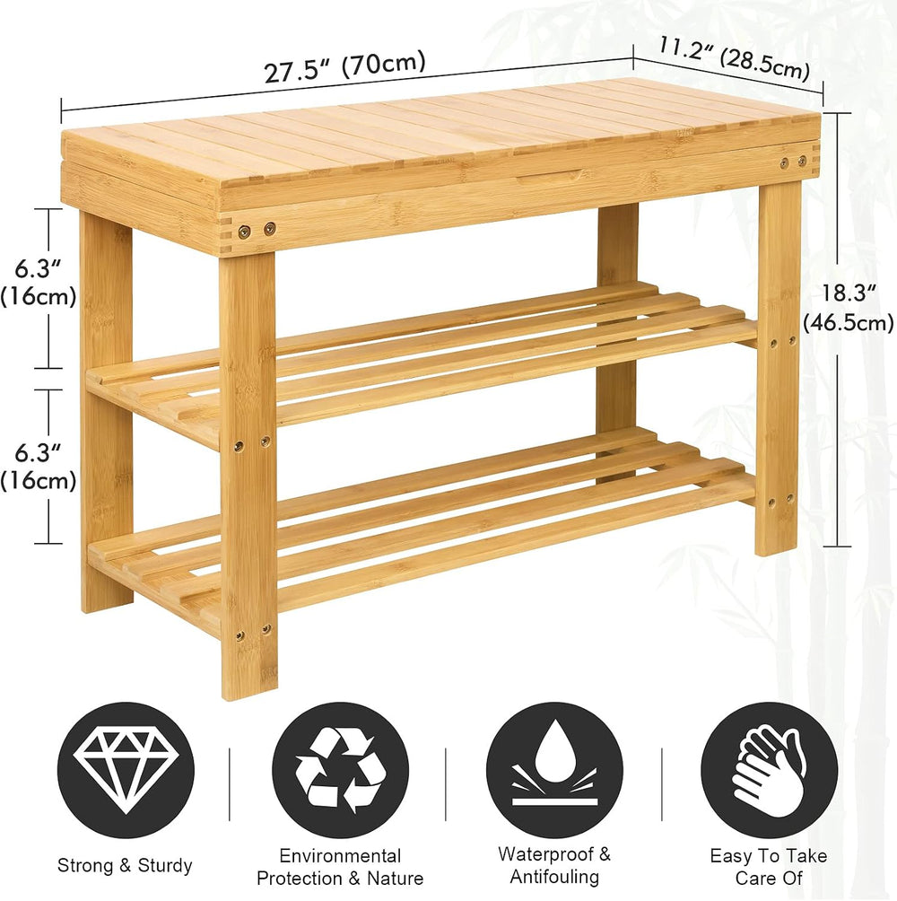3-Tier Bamboo Shoe Rack Bench, Entryway Bench with Storage Drawer, Natural