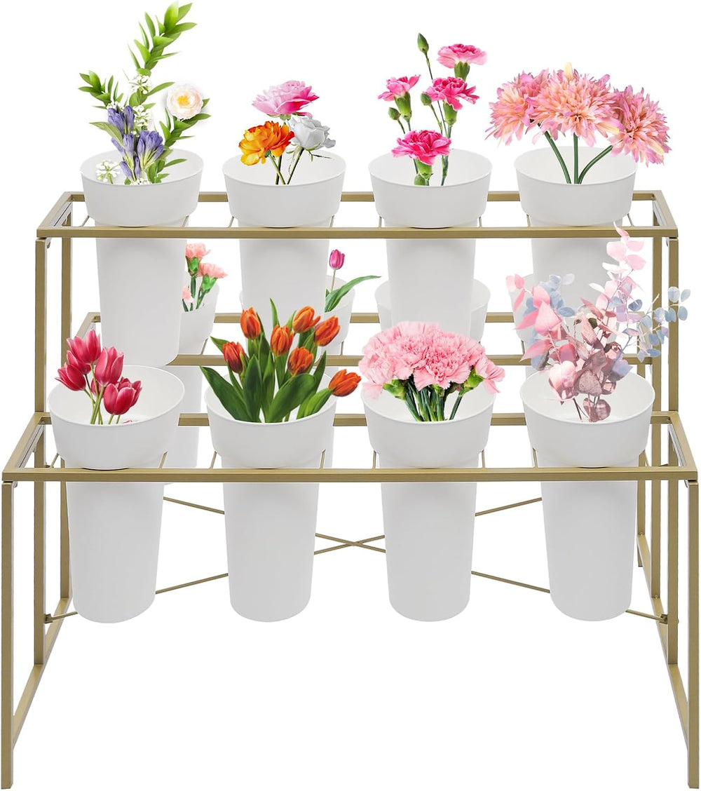 Flower Display Stand with 12pcs Buckets,3 Layers Moving Plant Stand Cart Shel...