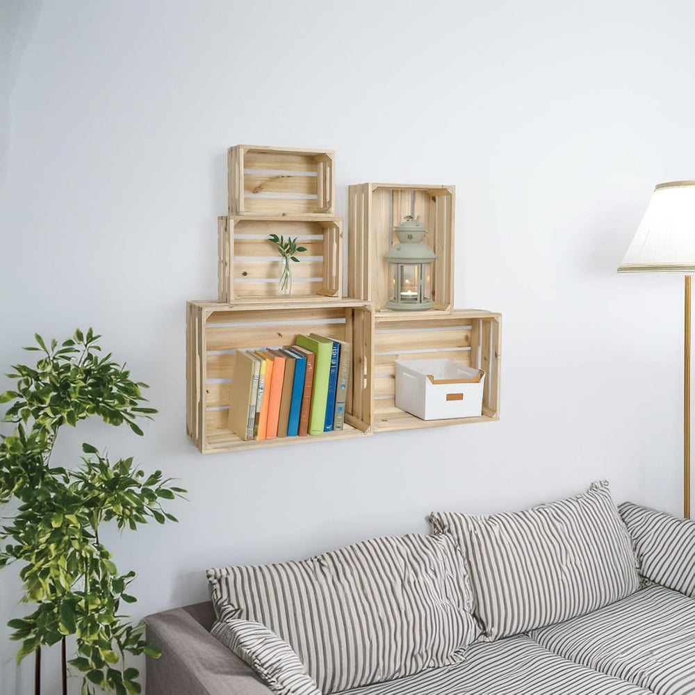 5-Piece Rustic Wooden Crates Unfinished Set, Wall Mountable Slatted Storage C...