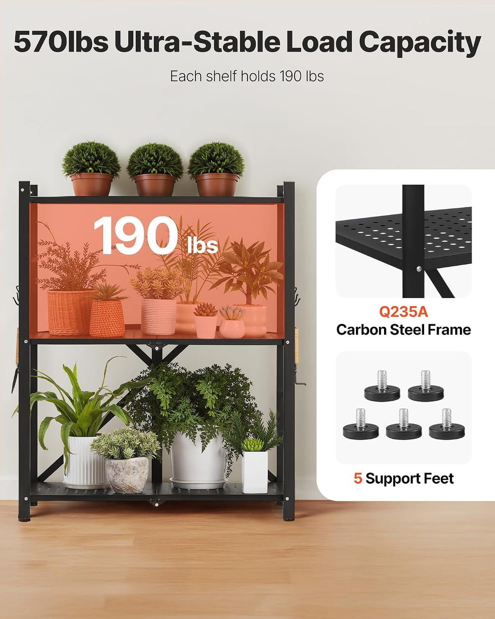 VEVOR 3-Tier Foldable Storage Shelf, 28W x 13D x 36H Inch Folding Metal Rack ...