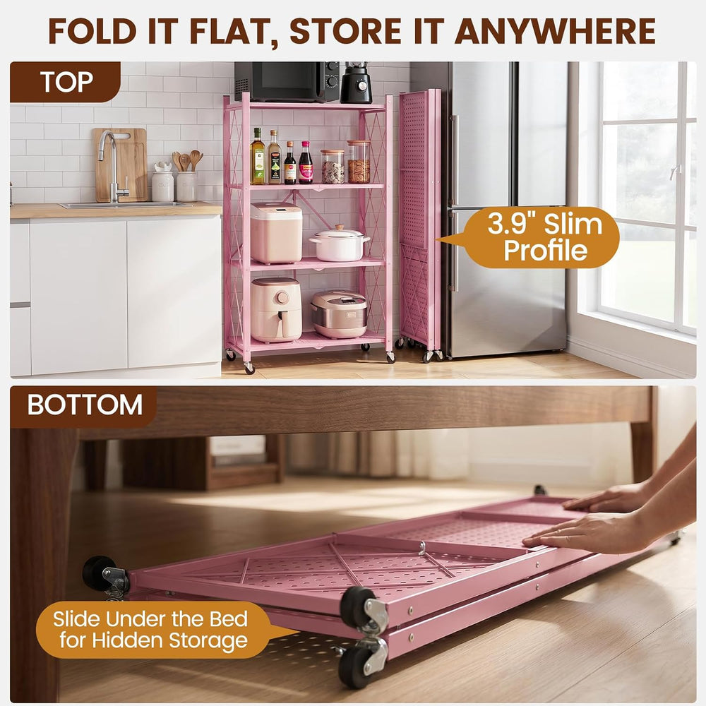 ALANNG 4 Tier Folding Storage Shelf on Wheels,Heavy Duty Metal Rolling Cart