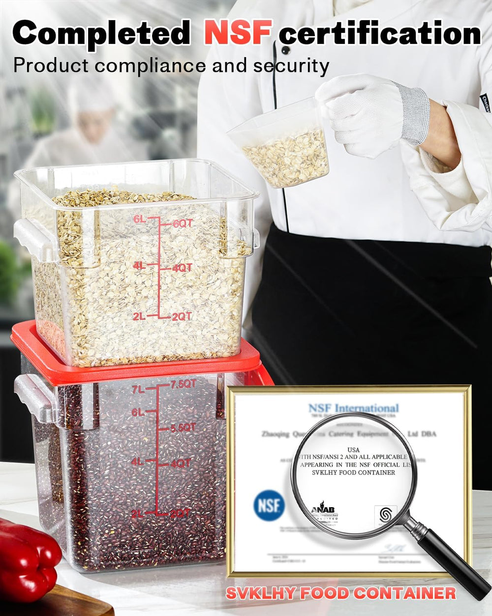 4QT 4PCS NSF Commercial Clear Food Storage Containers with Lids(RED)
