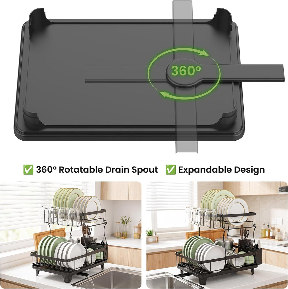 2-Tier Large Dish Drying Rack for Kitchen Counter, Black