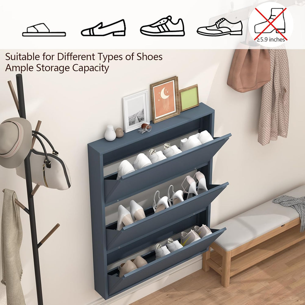 GREATMEET Slim Wall Mounted Metal Storage Cabinet with 3 Flip Drawers