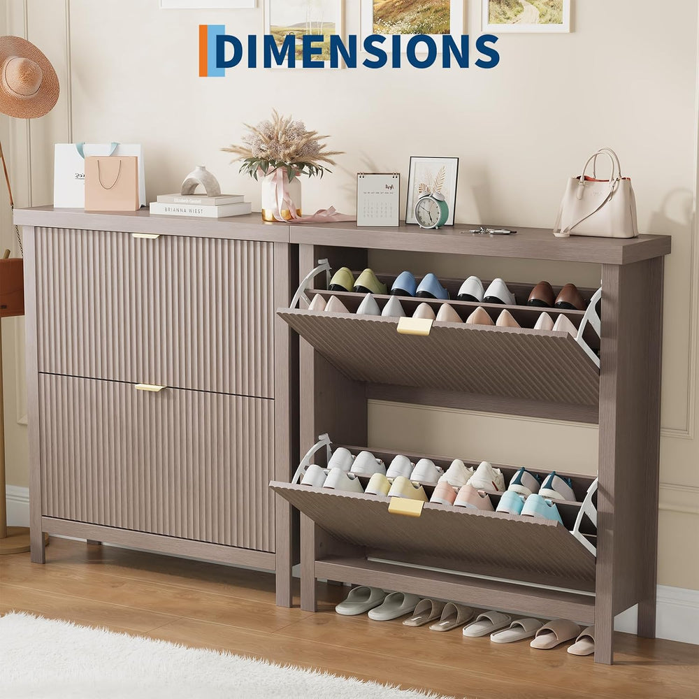 Fluted Shoe Cabinet with 2 Flip Drawers, Slim Entryway Storage