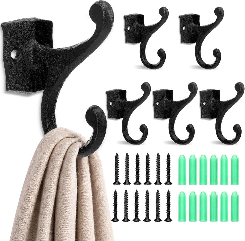 Duraaamo 6 Pack Cast Iron Hooks Rustic Black Double Wall Hook 35lb Capacity