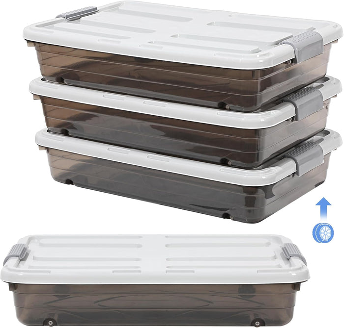 Beeveer 4 Plastic Under Bed Storage Containers, 23.7 x 15.8 x 5.2, Brown