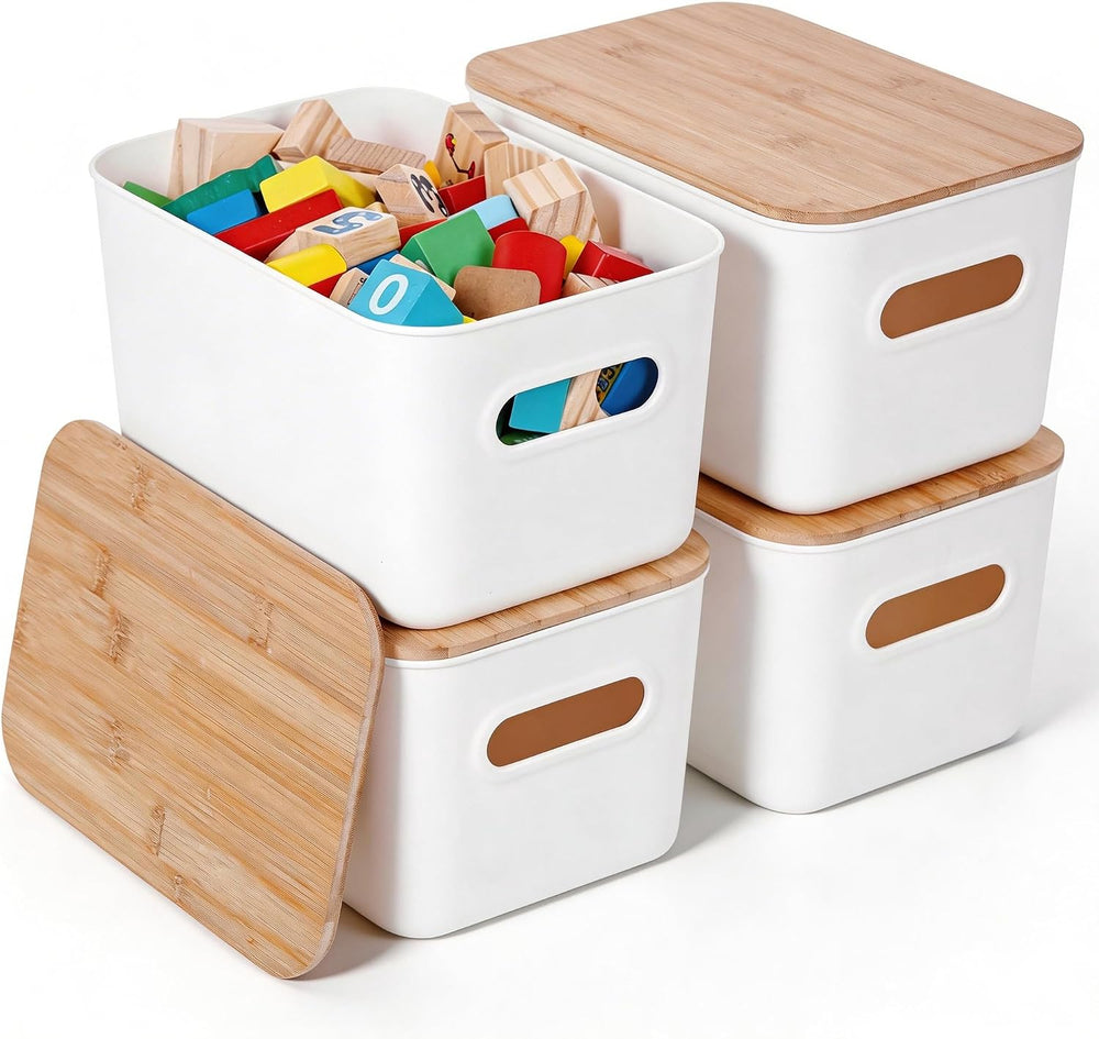 Citylife 7 QT Storage Bins with Bamboo Lids, Stackable with Handles, 4-Pack