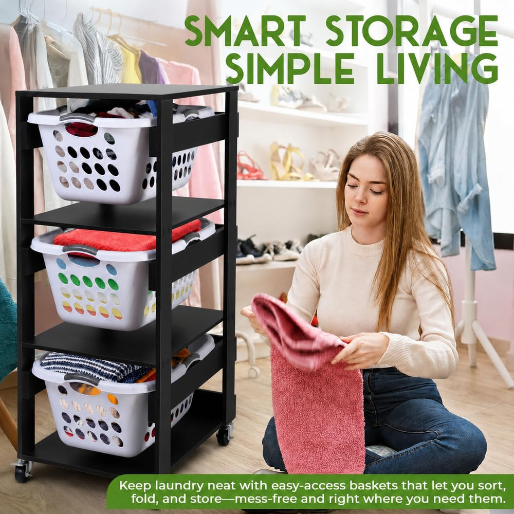 Laundry Basket Holder Shelf, Stackable Laundry Sorter (Black, 3 Tier)