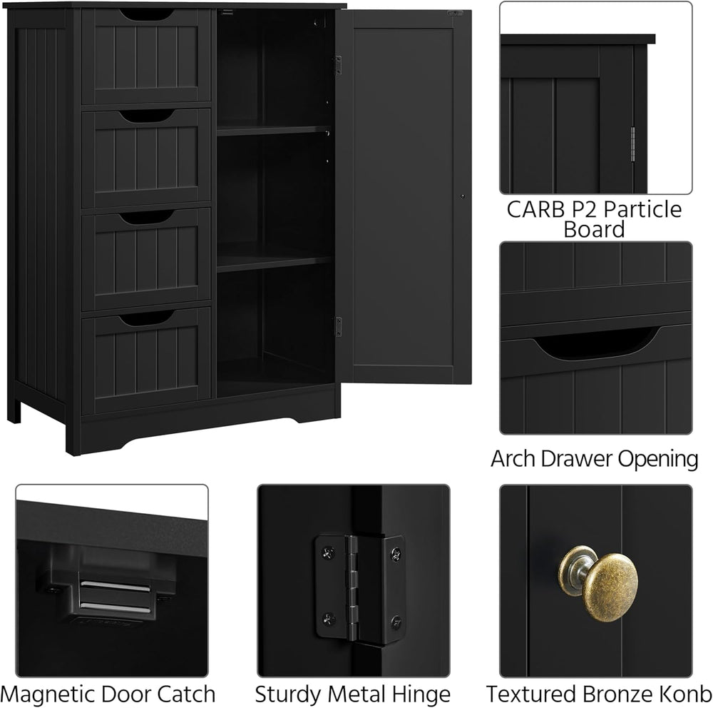 Yaheetech Bathroom Storage Cabinet with 4 Beadboard Drawers and Door, Black