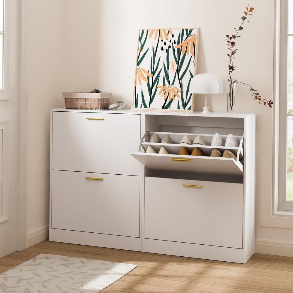 LYNSOM Entryway Shoe Cabinet Set of 2 with 2 Flip Drawers and Top Display, Wh...