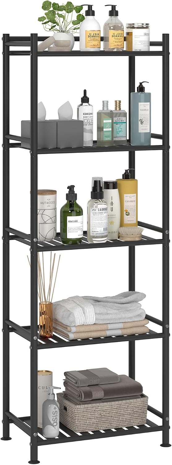 5 Tier Bathroom Storage Open Shelf Unit, Free-Standing Metal Corner Rack Shelving for Kitchen, Living Room, Hallway (Black, Wider 5 Tier)