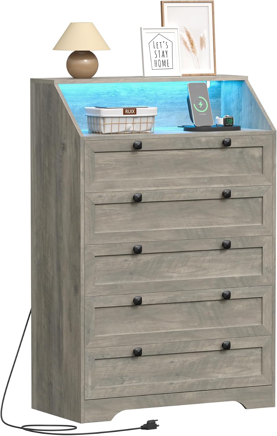 Wodeer Grey Dresser Tall 5 Drawer Dresser for Bedroom, Wood Chest of Drawers ...