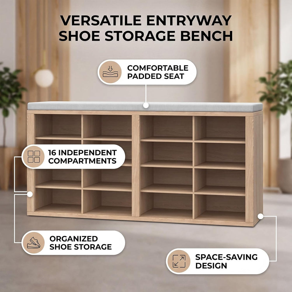 Shoe Rack Bench, Shoe Storage Bench with Cushion, Shoe Organizer 16 Cubbies f...