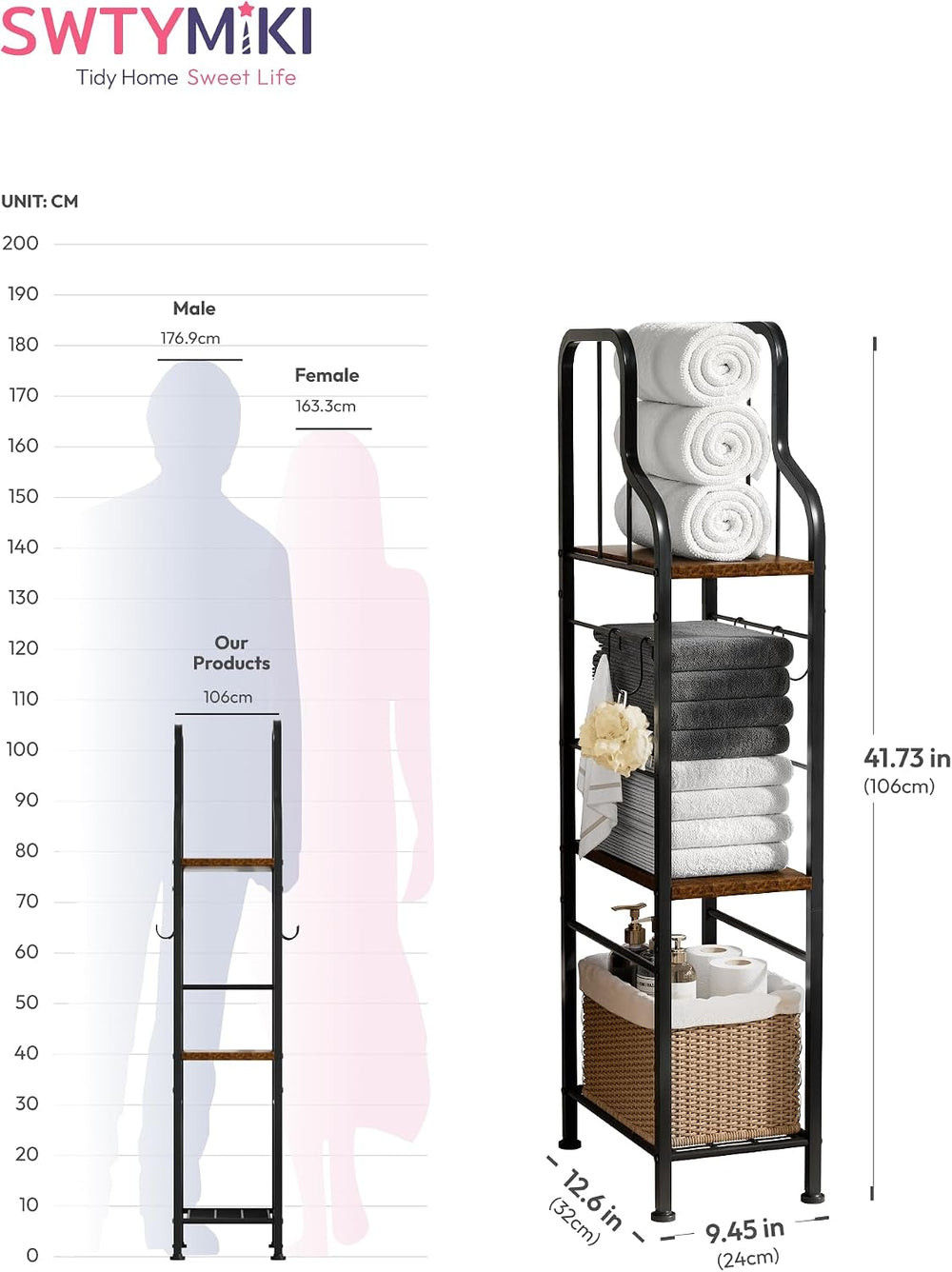 SWTYMIKI Narrow Towel Storage for Bathroom - 3-Tier Towel Rack Organizer with...