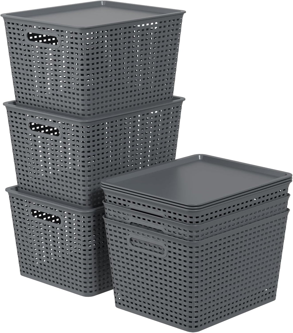 6-Pack Large Plastic Storage Baskets with Lid, Stackable Bins